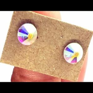 Tiny Dainty 5mm Rainbow Aura Quartz Faceted Sparkle Hypoallergenic Stud Earrings